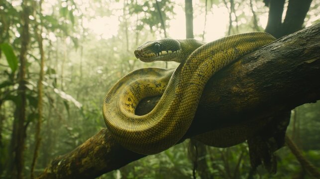 A vibrant green python coiled on a tree branch in a tropical rainforest, with soft light filtering through dense foliage 