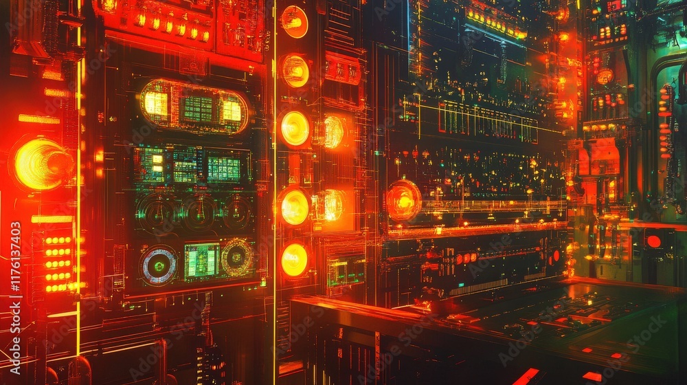 Poster futuristic control room with bright neon lights and high-tech digital displays in a sci-fi environme