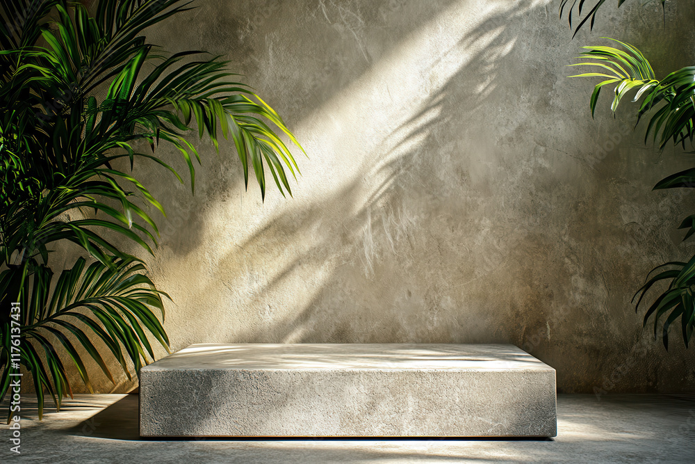 Canvas Prints A minimalist display area surrounded by lush green plants and textured walls.