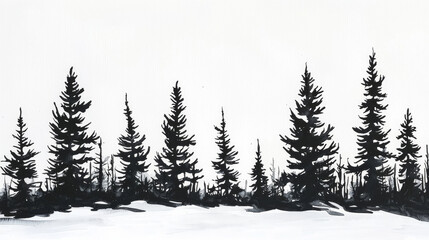 Black ink silhouette of a pine forest on white background.