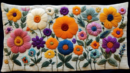 Colorful floral embroidery on beige fabric, showcasing various flower types and vibrant colors.