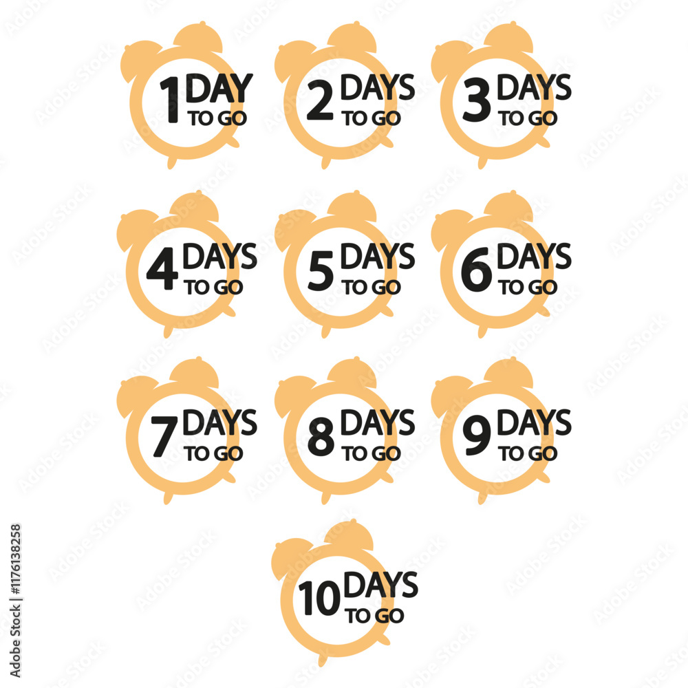 Poster countdown clock set. number one to ten. yellow alarm timer. vector illustration.