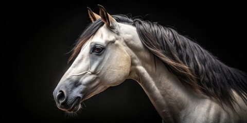 Close-up shot of an Andalusian horse's face with a striking profile, its large eyes and expressive ears framed by the darkness of the surrounding black space, equine, profile