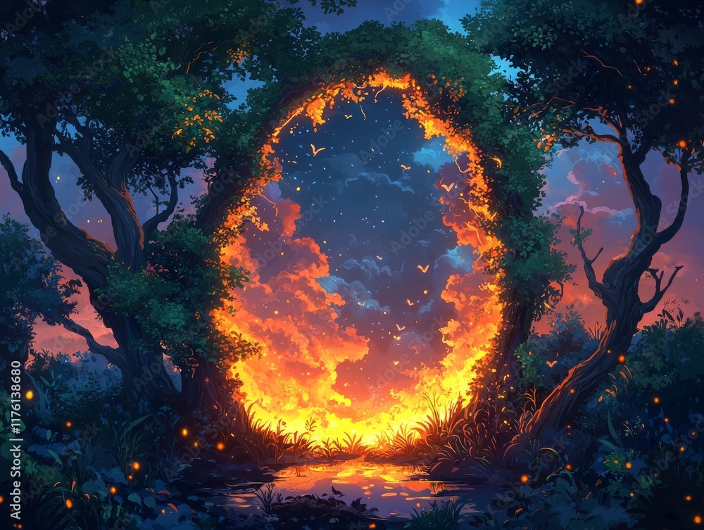 Poster mirror in forest displays two realities; one side reveals lush greenery brimming life while reflecti