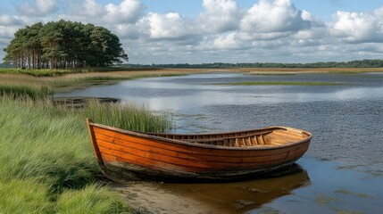 Obraz premium A tranquil scene featuring a wooden boat by a serene waterway surrounded by greenery.