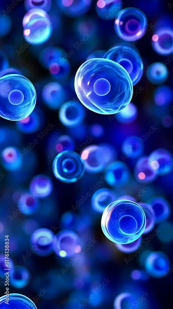 Poster colorful microscopic view of blue bubbles floating in a dark environment creates a mesmerizing effec