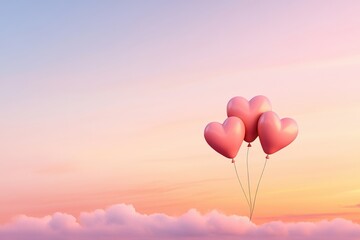 Fototapeta premium Romantic heart-shaped balloons floating in a serene sunset sky