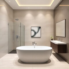 a sleek and modern bathroom characterized by minimalist design and elegant finishes. Bathtub. Shower Area. Vanity. Mirrors. Artwork. Lighting. Color Scheme. 

