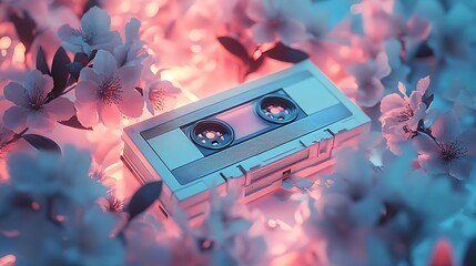 Generative artwork of a retro cassette surrounded by blooming flowers and soft light effects