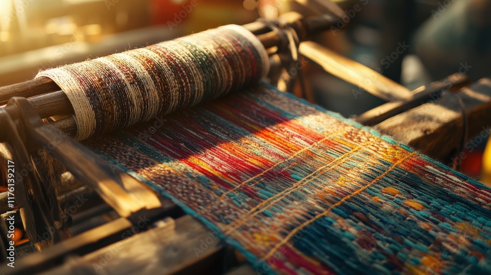Poster a close-up view of a traditional loom weaving colorful threads into a beautiful textile pattern in a