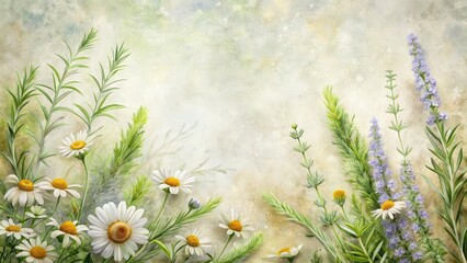 Soft pastel colors blending with delicate floral patterns of rosemary thyme and chamomile on a textured white background