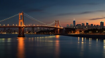 Obraz premium Illuminated suspension bridge at sunset over city skyline reflected in water.