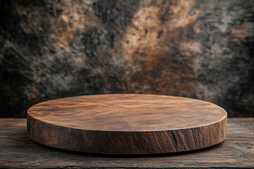A round wooden platter on a textured background, ideal for serving or display purposes.