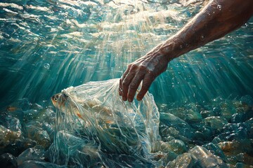 human hand extends underwater grappling fish ensnared in plastic net. Murky depths and rays of light illustrate struggle for survival amid environmental challenges.