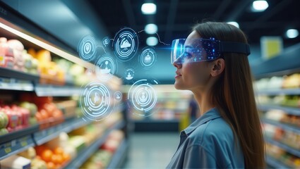 A woman using augmented reality glasses and a smartphone in a supermarket, analyzing product details and making choices while shopping. Generative, AI,