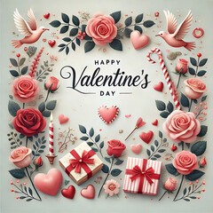 happy valintines day card with couple and roses
