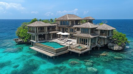 Fototapeta premium Luxurious beachfront villa with pool surrounded by clear turquoise waters.