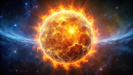 Obraz premium Blazing sphere ascends in fiery radiance against a deep space background, its flames fueled by internal energy, intense glow , hot sphere