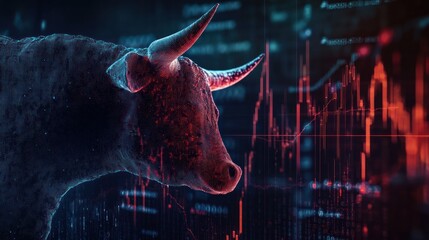 Red bull standing on stock market chart, trading chart background. The concept of financial growth and business success in trading or the world of essence
