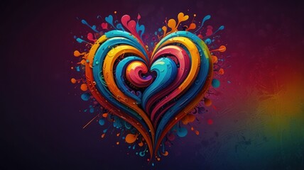 Colorful abstract heart design with paint splatters.