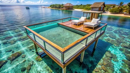 Fototapeta premium Overwater bungalow with a glass floor panel to observe marine life