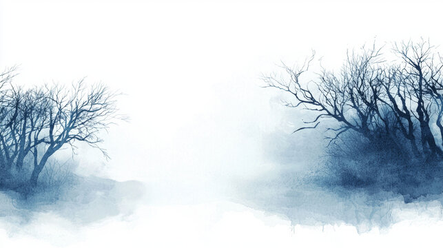 Watercolor painting of bare trees in a misty, wintry landscape.