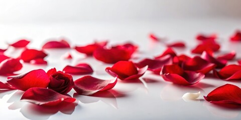Softly fallen red rose petals scattered on a pristine white background, forming a delicate and intimate ambiance