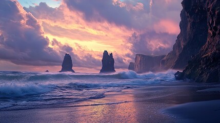 Serene coastal landscape featuring towering rock formations and dramatic cliffs under a vibrant sunset sky. Waves gently lap against the shore, reflecting the stunning colors of the horizon. The scene