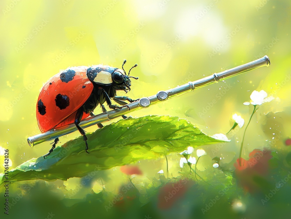 Poster ladybug skillfully plays silver flute while perched on sunlit leaf. soft red and green tones create 