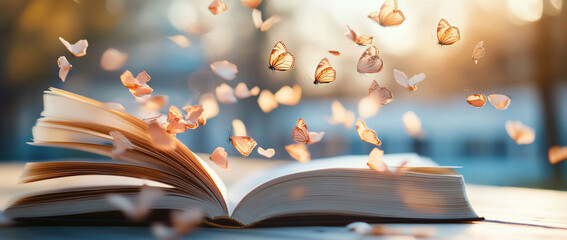 Open book with butterflies and flying paper, magical scene.