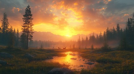 Fototapeta premium A serene sunset landscape with a river, trees, and deer in a peaceful natural setting.