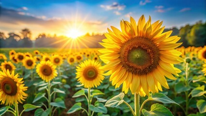 Fototapeta premium A vibrant sunflower field bathed in warm sunlight, with tall yellow flowers swaying gently in the breeze