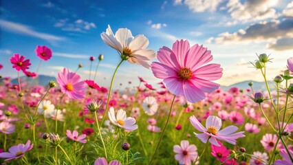 Fototapeta premium Vast fields of cosmos flowers sway gently in the breeze on a warm summer day, floral field, garden