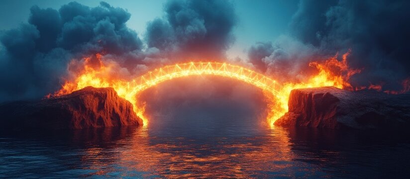 Dramatic fiery arch with raging magma eruption over a treacherous chasm or ravine creating an intense apocalyptic and chaotic natural disaster landscape scene