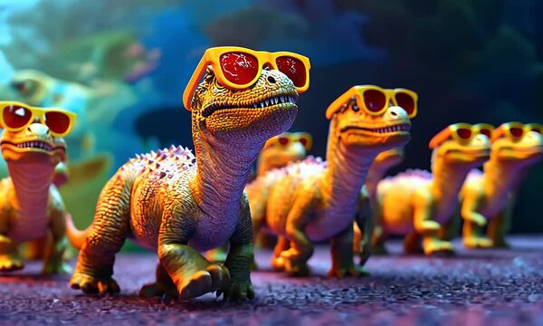 a group of t rex wear sunglasses walking in the nature
