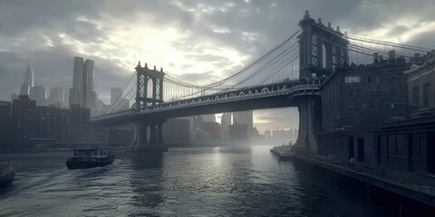 Obraz premium Foggy sunrise over Manhattan bridge, boat on river, cityscape background.
