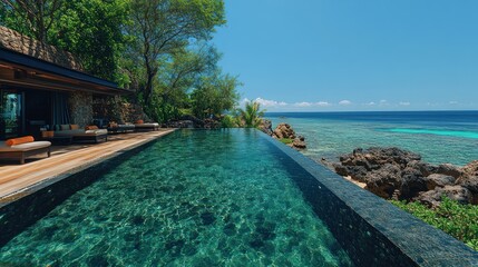 Luxurious infinity pool overlooking a serene ocean landscape.
