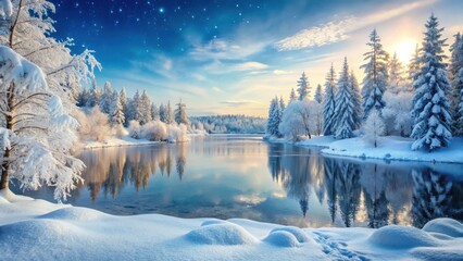 Fototapeta premium Frosty Arctic landscape with snow-covered trees and a frozen lake in the background
