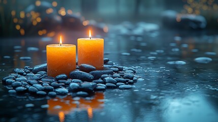 Candles on stones in a water reflection; peaceful scene;  meditation
