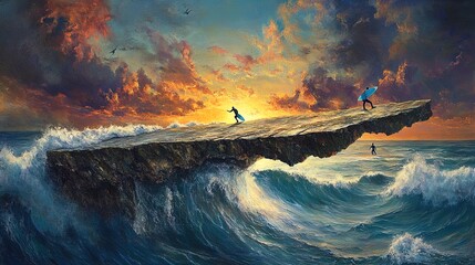 A stunning surreal landscape featuring a large floating stone slab above powerful ocean waves during sunset. Two surfers, one holding a blue surfboard, navigate the surreal scene, while dramatic cloud
