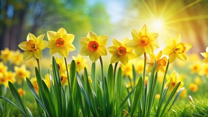 Obraz premium Beautiful cluster of bright yellow daffodil flowers swaying gently in a spring breeze, surrounded by lush green grass and vibrant colorful blooms , yellow flowers, sunny day