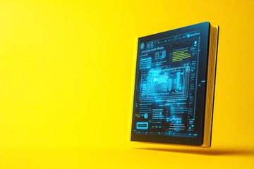 Fototapeta premium Futuristic digital tablet with holographic display on vibrant yellow background.