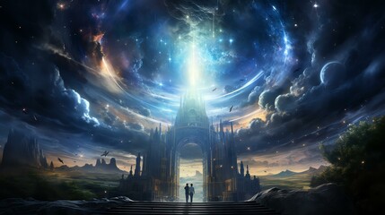 Obraz premium A breathtaking cosmic scene featuring a grand archway illuminated by brilliant light, with two figures gazing into the starry sky, evoking wonder and spiritual exploration.