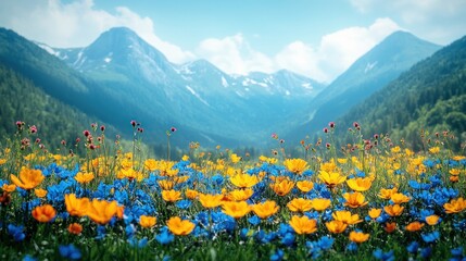 Fototapeta premium A vibrant field of flowers against a backdrop of majestic mountains and blue sky.