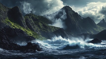 Obraz premium A dramatic coastal landscape featuring towering rugged mountains shrouded in mist, with stormy clouds hanging low in the sky. The foreground showcases crashing waves against dark rocky shores, with vi