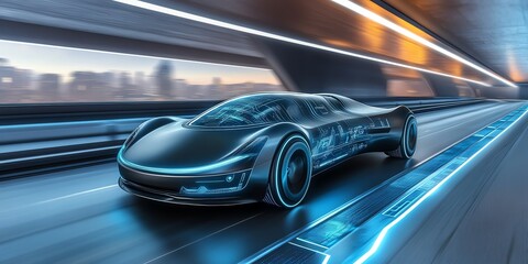 Obraz premium Futuristic electric car speeding through a modern tunnel with glowing lights.