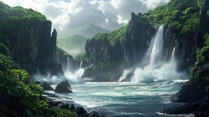 Fototapeta premium A breathtaking coastal landscape featuring towering jagged cliffs that frame a tranquil lagoon. Lush greenery cascades down the cliffs, merging seamlessly with the azure waves of the ocean. Several wa