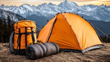 Camping tent setup with sleeping bag and backpack, special discount tags