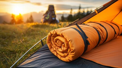 Camping tent setup with sleeping bag and backpack, special discount tags