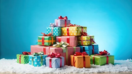 A large pile of presents wrapped in colorful paper with bows tied around them, icy blue background, bows and ribbons